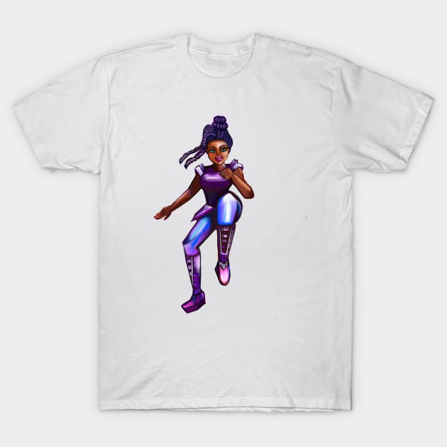 Black anime superhero green eyed girl from outer space doing a high knee kick ! beautiful  black girl with Afro hair, brown eyes, Cherry pink lips and dark brown skin. Hair love ! T-Shirt by Artonmytee